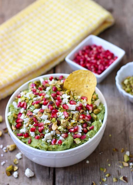 guacamole with feta, pistachios, and pomegranate seeds