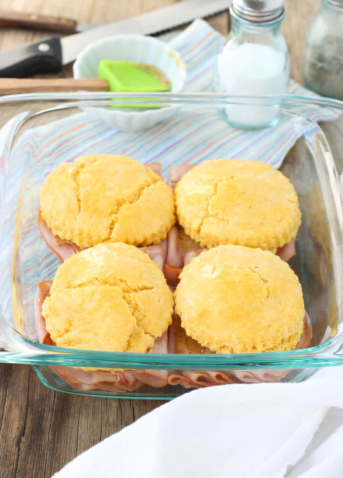 Cornmeal Biscuit Ham Sandwiches with Honey Mustard Sauce
