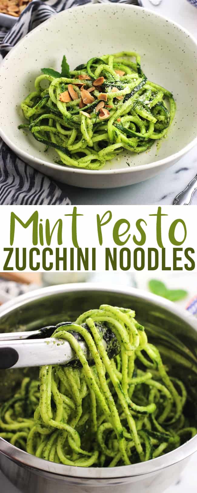 Mint pesto zucchini noodles make a refreshing side dish or main meal recipe when paired with chicken or the protein of your choice. Raw spiralized ‘zoodles’ are tossed with pesto made with mint, dill, and toasted almonds for an easy and healthy take on pesto pasta.