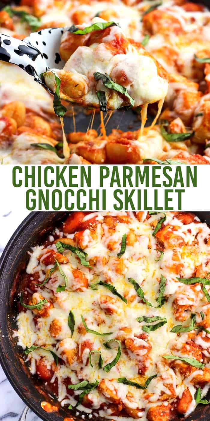 Chicken Parmesan Gnocchi Skillet is a total comfort food meal made all in one skillet. Less dishes to clean with saucy gnocchi, juicy chicken, and Parmesan and mozzarella cheeses. Top with fresh basil for serving and this gnocchi dinner will be a favorite!