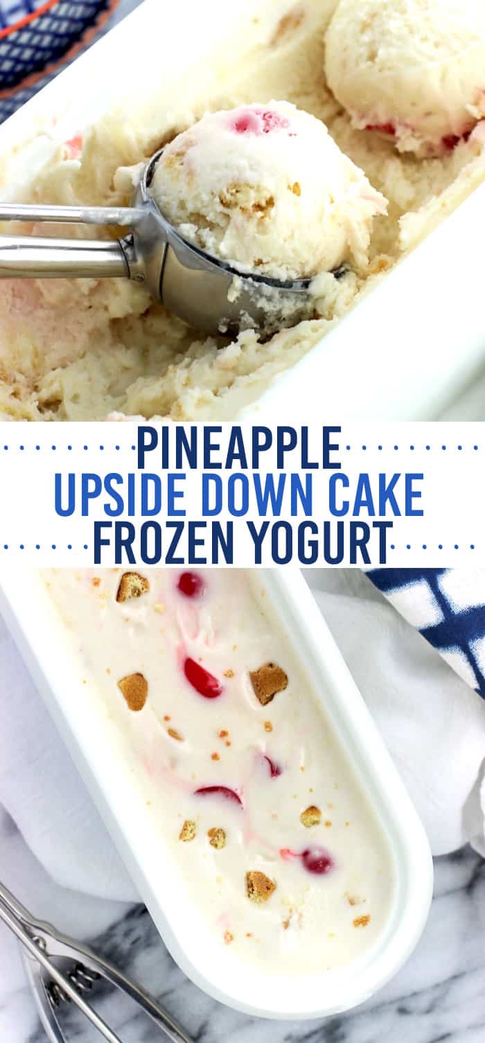 Pineapple upside down cake frozen yogurt is a creamy homemade frozen yogurt recipe that isnβt too βicyβ or βfrostyβ thanks to a few tips. Vanilla wafers, pineapple chunks, and maraschino cherries are swirled throughout for a fun take on a dessert classic.