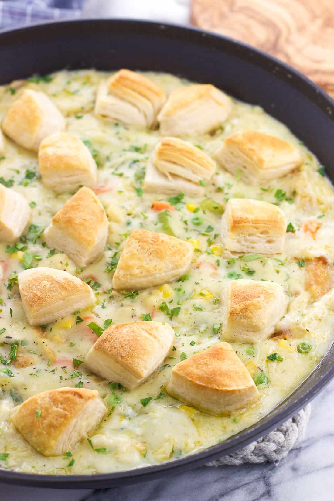 skillet fish pot pie with biscuits