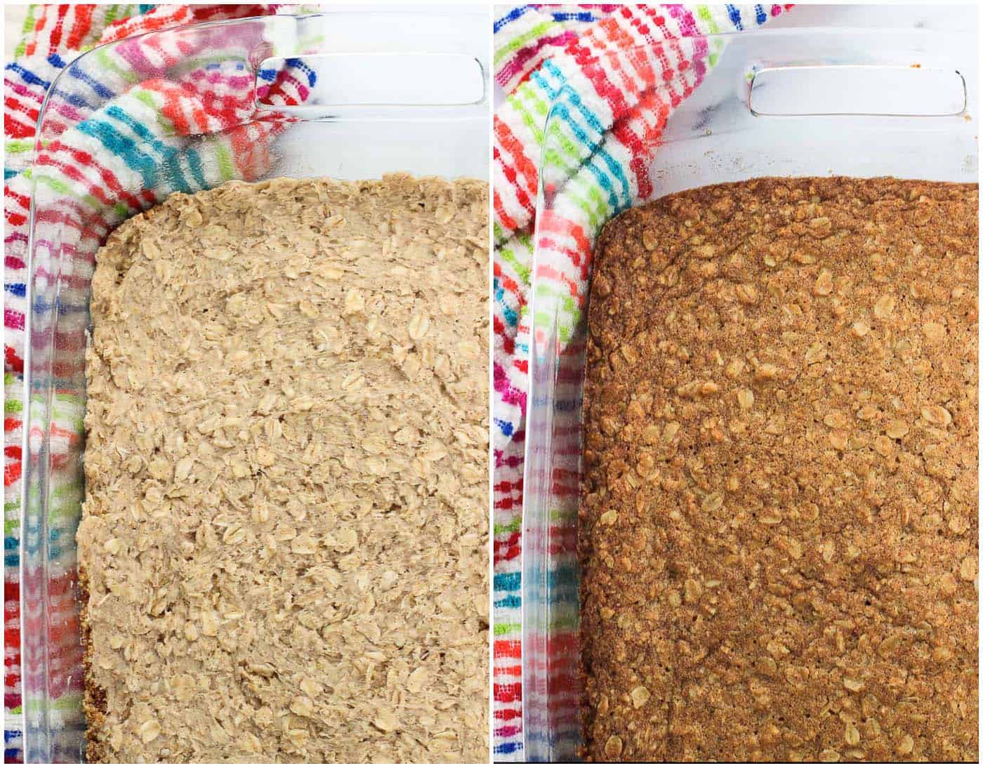 A side-by-side photo collage of the bar mixture pressed in the pan before baking (left) and after (right)