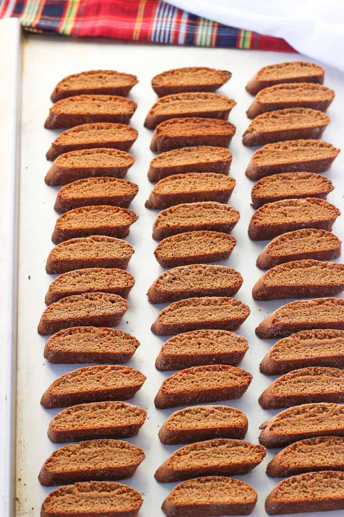 Lined up gingerbread biscotti on a metal cookie sheet.