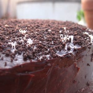 A close-up of an iced chocolate cake topped with chocolate cookie crumbles.