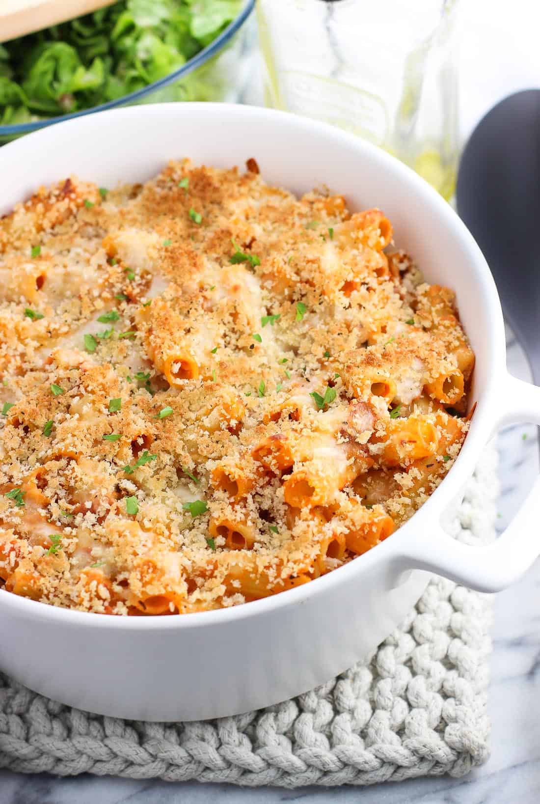 Vodka sauce pasta bake in a round deep dish with a toasty panko topping.
