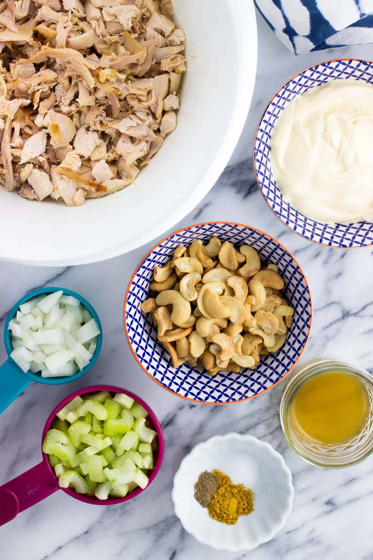 An overhead picture of all of the recipe ingredients in separate bowls and measuring cups.