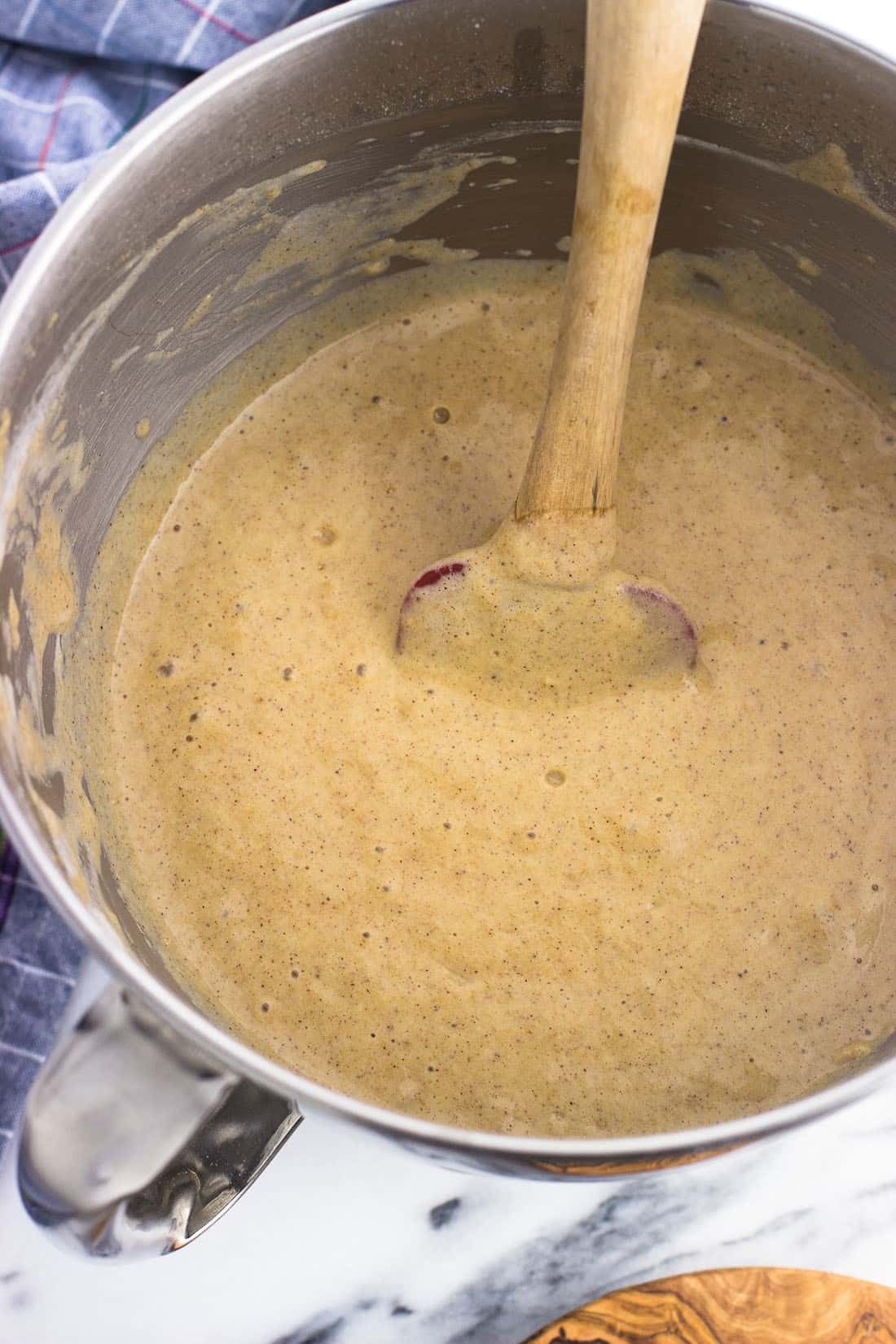 Waffle batter all mixed in a bowl ready for the waffle iron