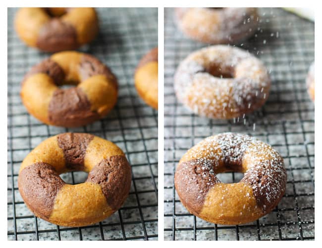 Donuts on a cooling rack before (left0 and after (right) being dusted with powdered sugar.