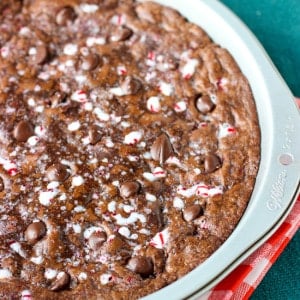 Peppermint mocha cookie cake in a round metal cake pan.