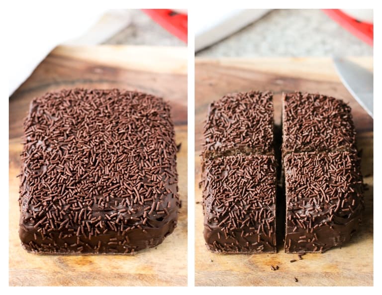 The chocolate-covered rice krispie treats on a wooden board before slicing (left) and after (right).