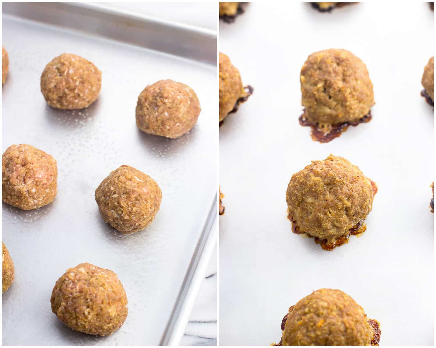 A side-by-side picture of meatballs on a baking sheet: raw on the left and cooked on the right