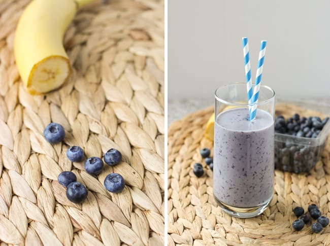 Half of a banana and blueberries on a placemat (left) and the smoothie in a tall glass (right).