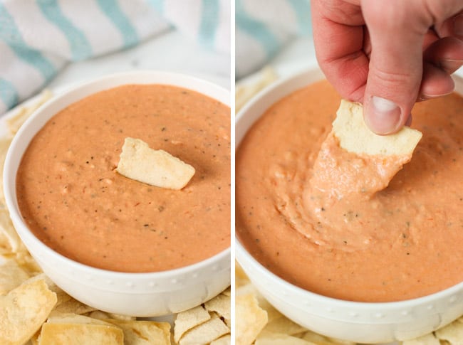 A pita chip in a bowl of dip (left) and being lifted out by a hand (right).