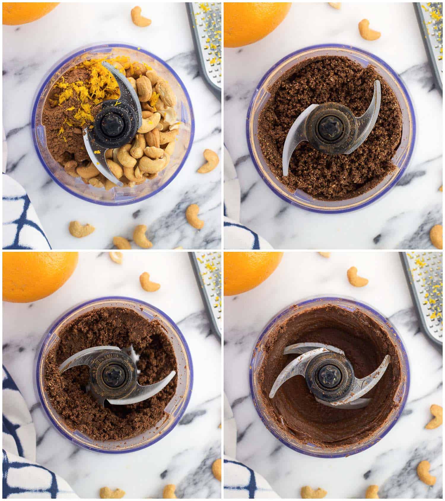 The stages of making cashew butter in the food processor, from whole ingredients to a smooth consistency. 