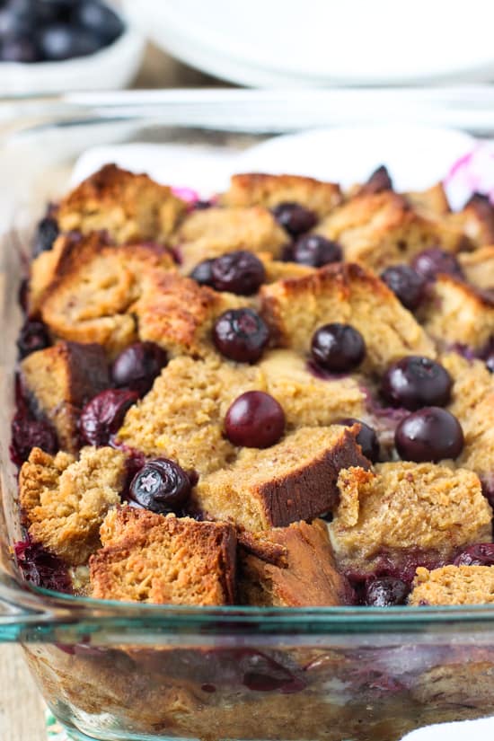 The french toast bake in the dish after baking.