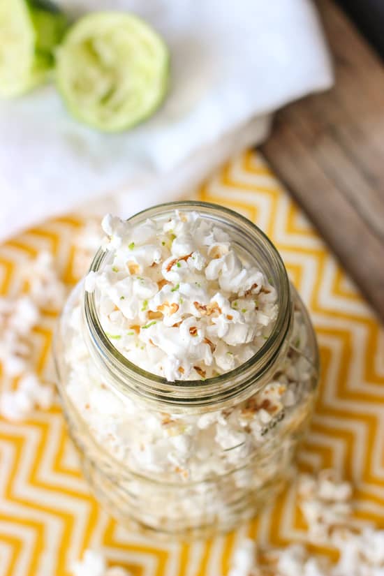 An overhead shot of a jar of popcorn