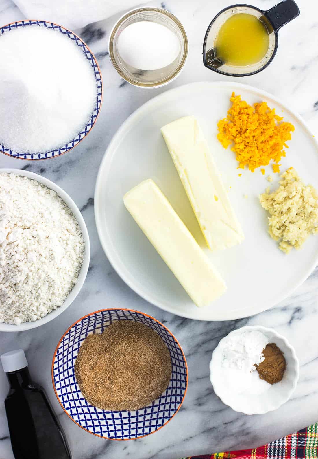 An overhead shot of the cookie ingredients on a marble board