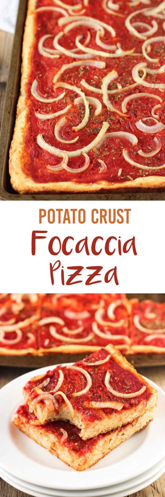 A two-image collage of focaccia pizza with the recipe title between.