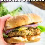 A hand holding a chicken burger with recipe name text overlay.