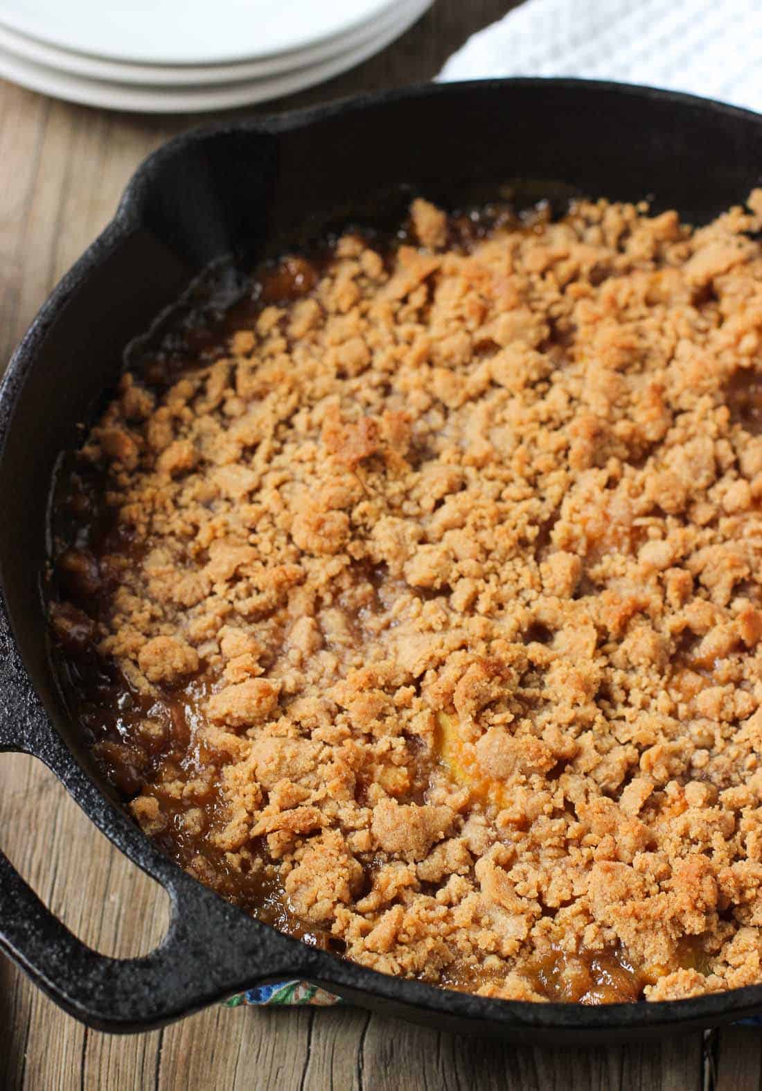 A whole pan of peach crisp right out of the oven