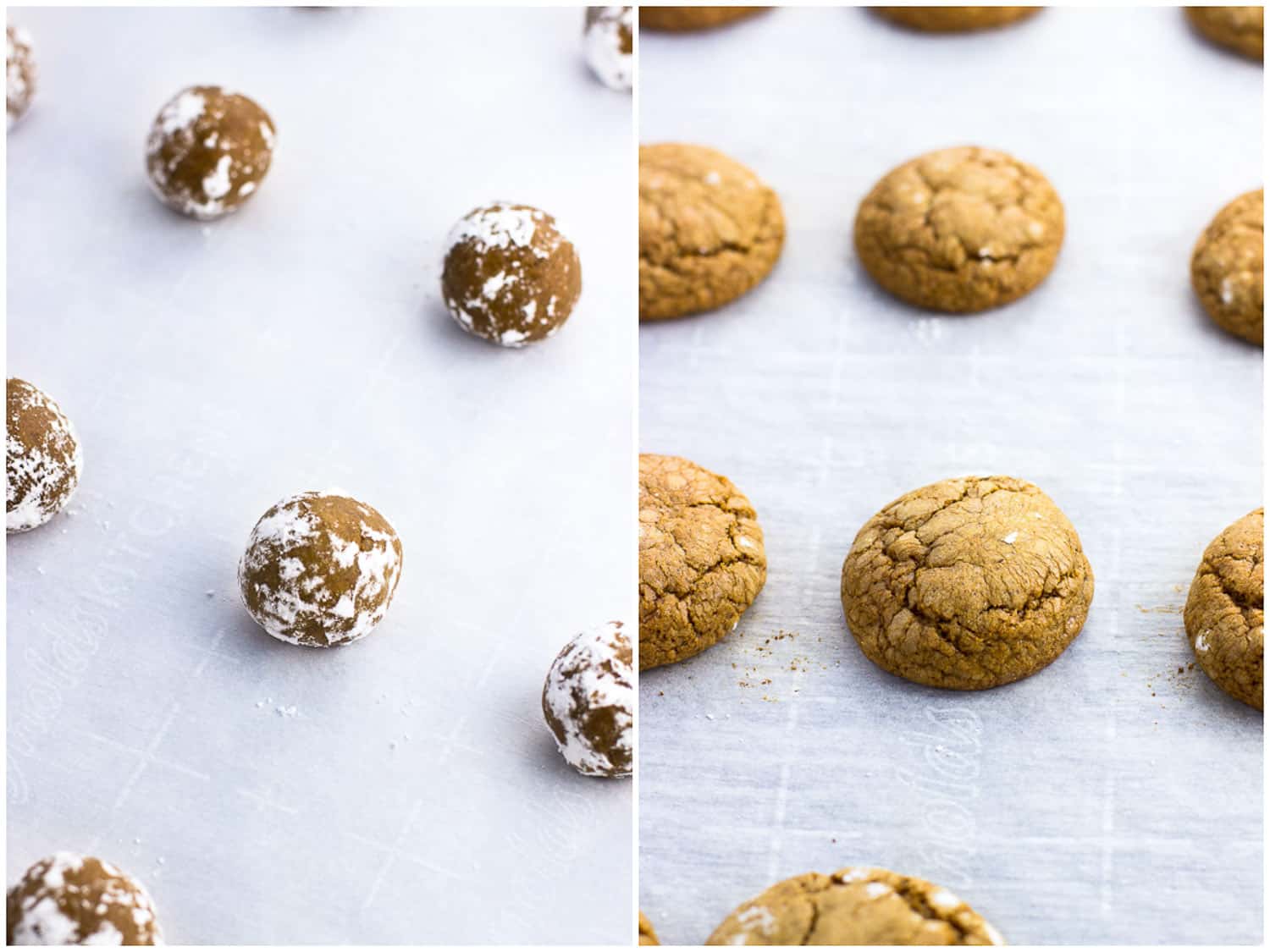 Cookie dough balls on a parchment-lined baking sheet before baking (left) and after (right).