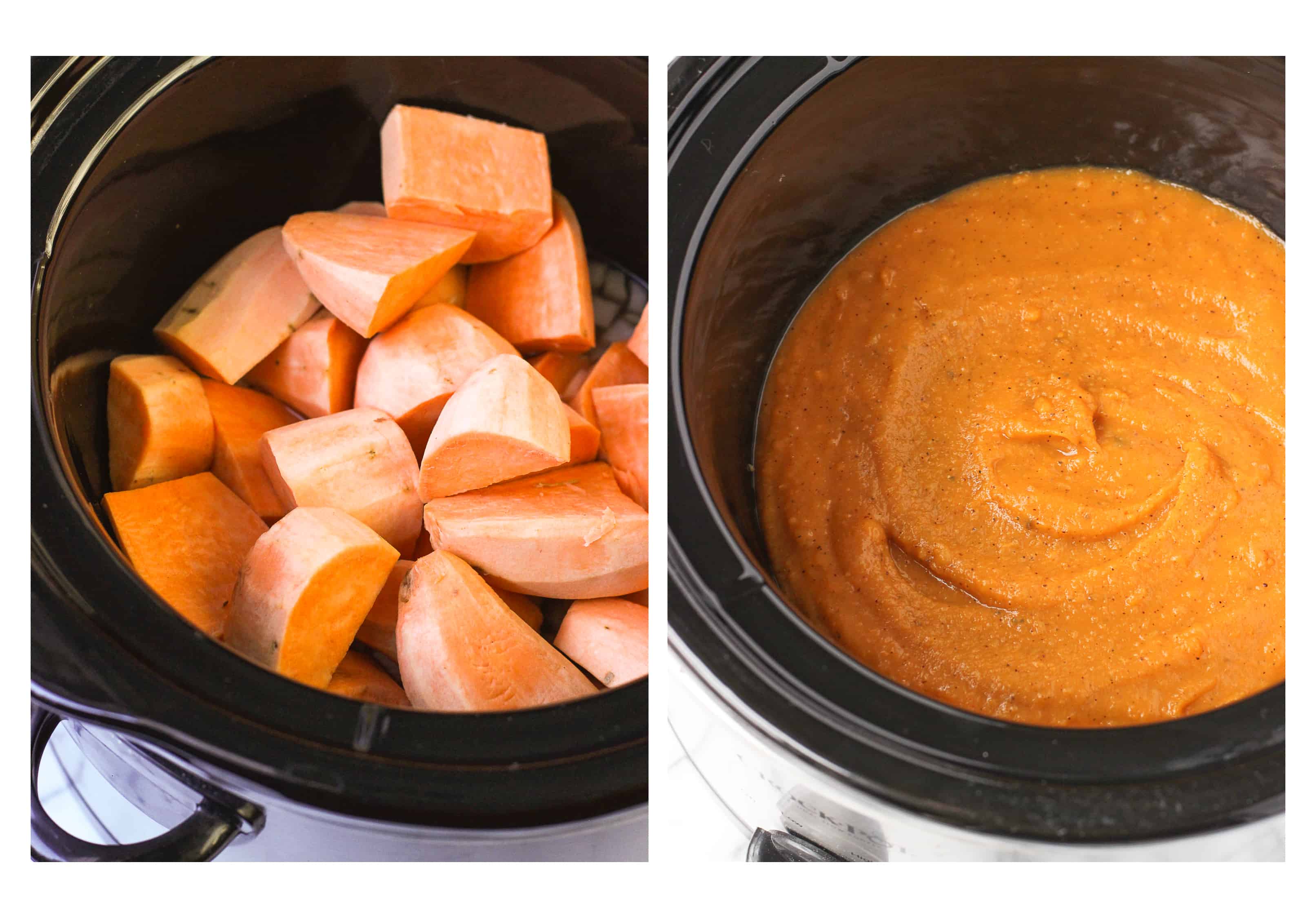 Chunked sweet potatoes in a slow cooker (left) and after cooking and blending (right).