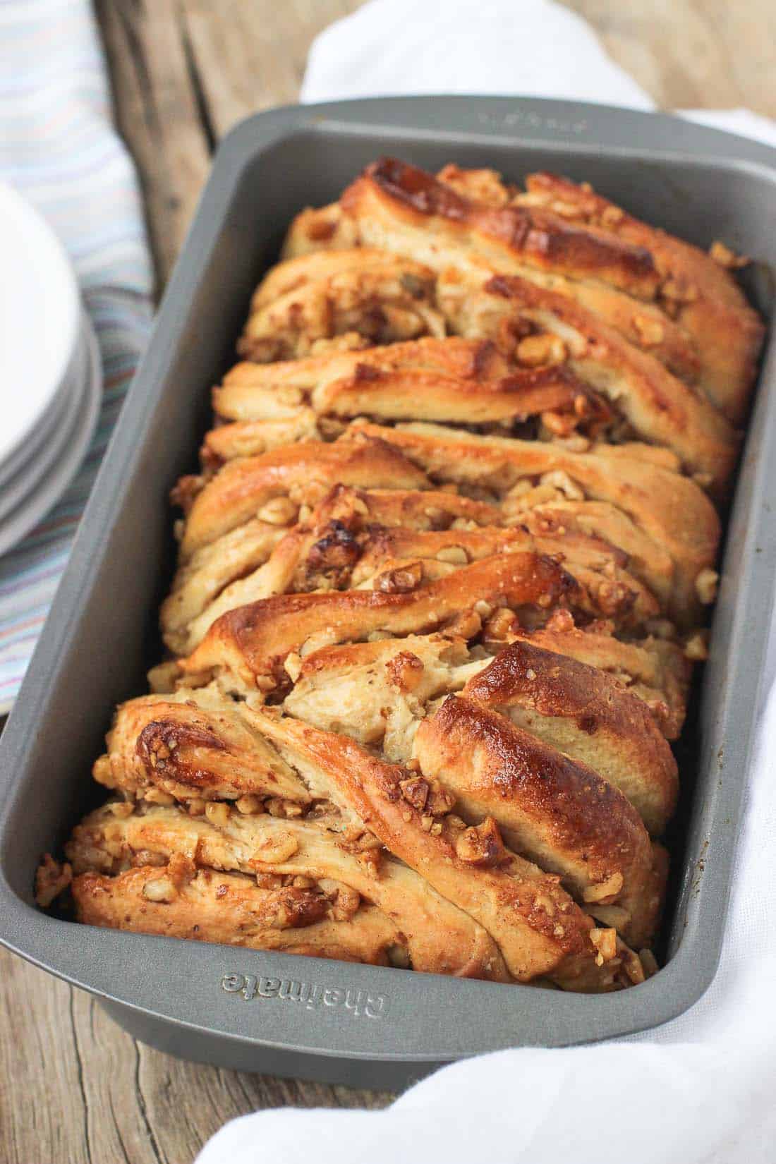 Pull-apart bread baked in a metal loaf pan.