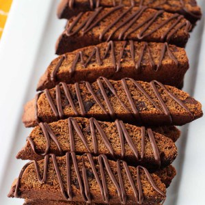 A tray of chocolate-drizzled biscotti.