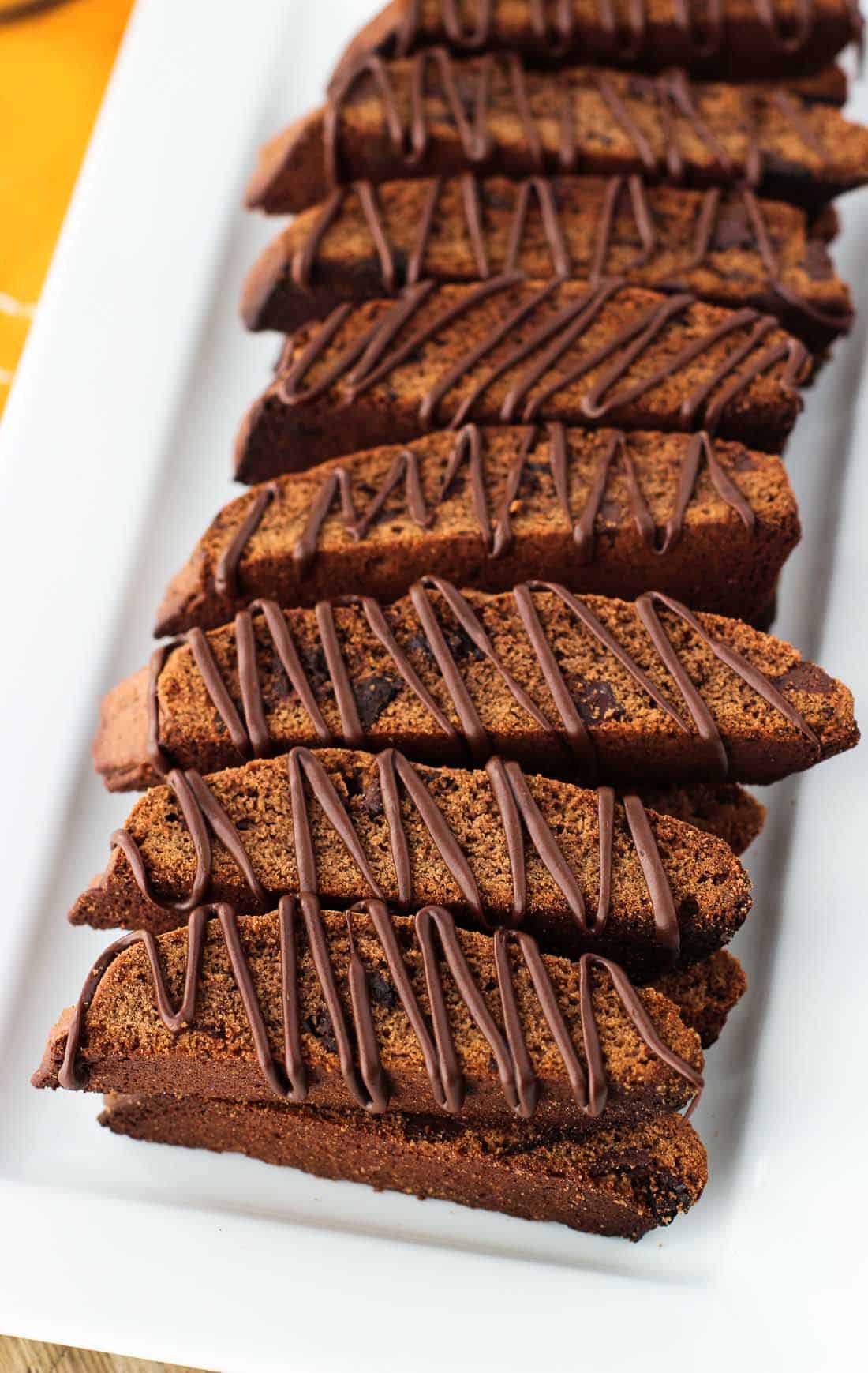 A tray of chocolate-drizzled biscotti.