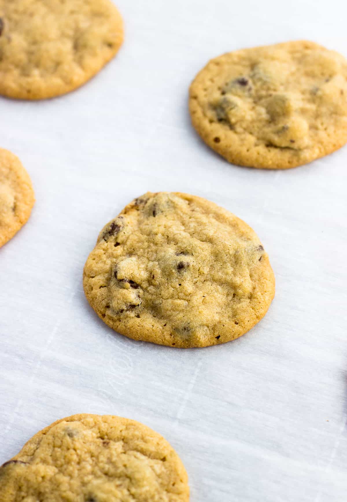 Baked chocolate chip cookies on a parchment-lined metal baking sheet