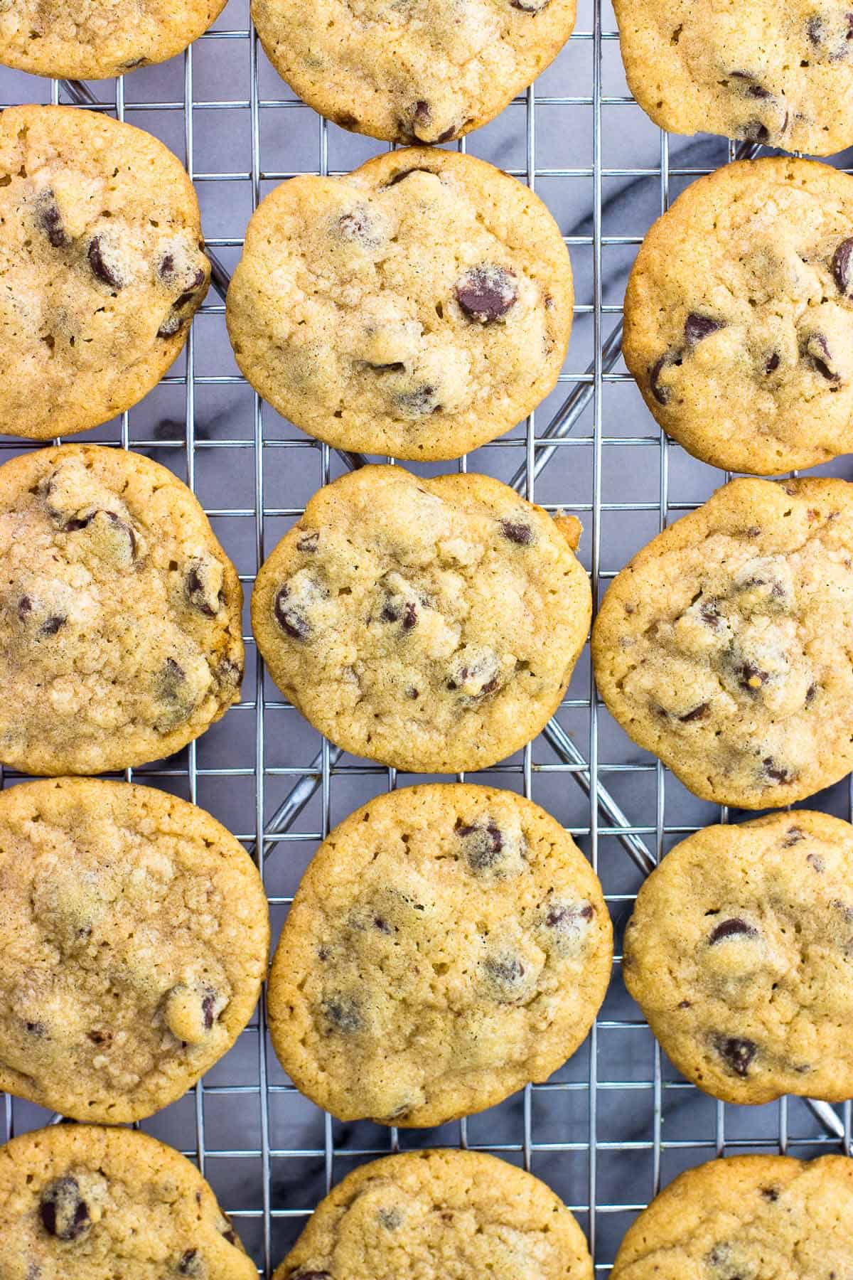 An overhead shot of chocolate chip cookies lined up next to one another on a wire cooling rack