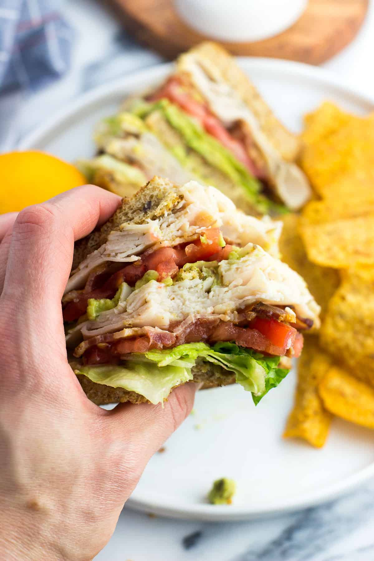 A hand lifting up on sandwich section with a bite taken out of it.