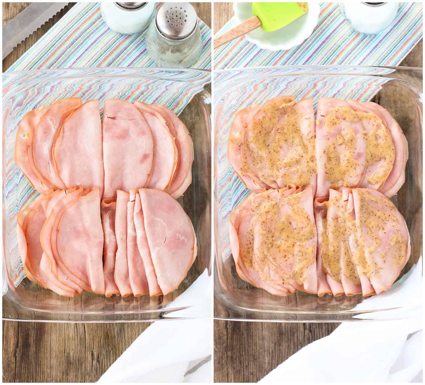 Ham layered on the sandwiches (left) and after spreading on the mustard sauce (right).
