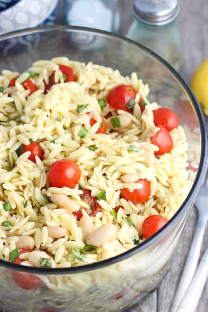 Lemon Orzo Pasta Salad with Basil, Almonds, White Beans