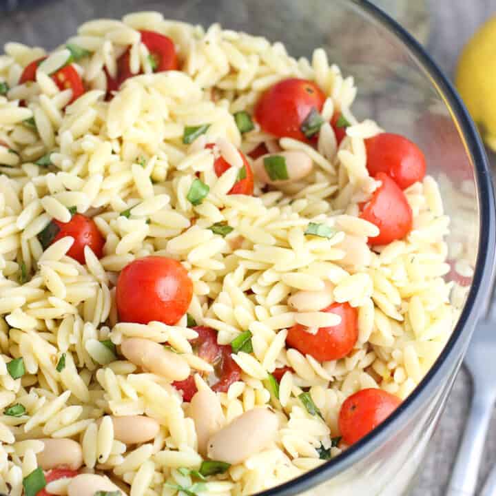 Lemon Orzo Pasta Salad with Basil, Almonds, White Beans