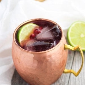 A pomegranate mule in a frosty hammered copper mug with two large square ice cubes, a lime wedge, and pomegranate arils