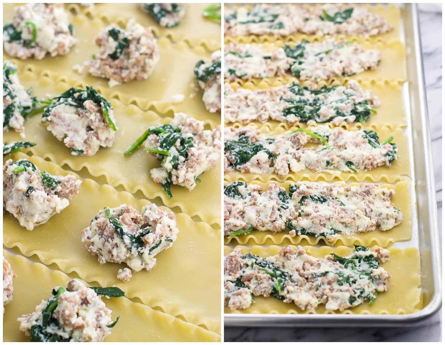 A side-by-side photo of lasagna filling scooped onto lasagna noodles (left), then the filling spread out evenly on the lasagna noodles (right).