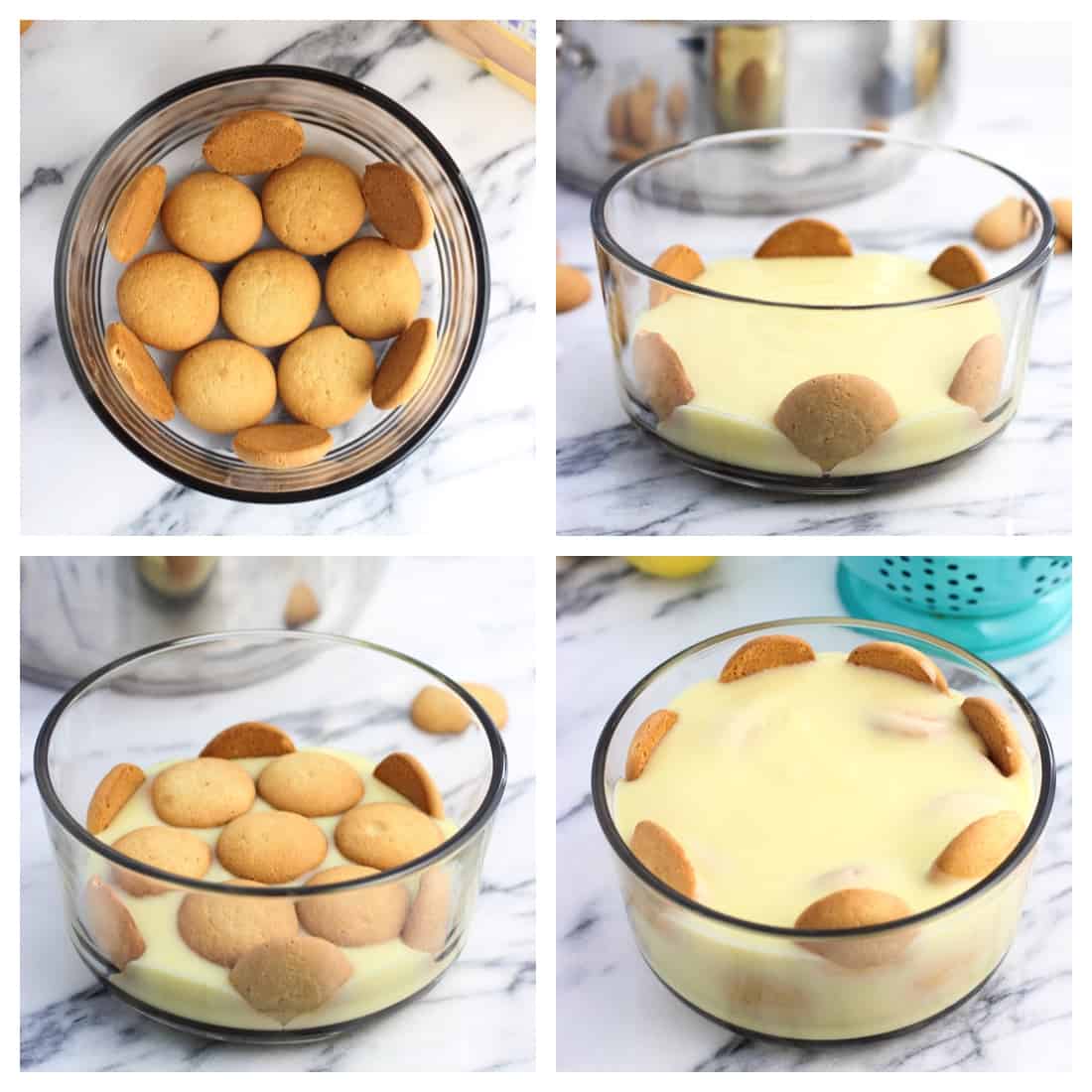 The stages of assembling lemon pudding and wafers in a glass bowl.