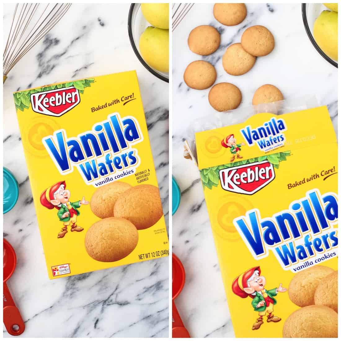 A box of Keebler Vanilla Wafers (left) and the wafers spilling out of the box (right).