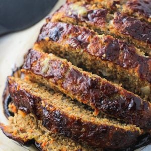 Sliced meatloaf on a baking sheet