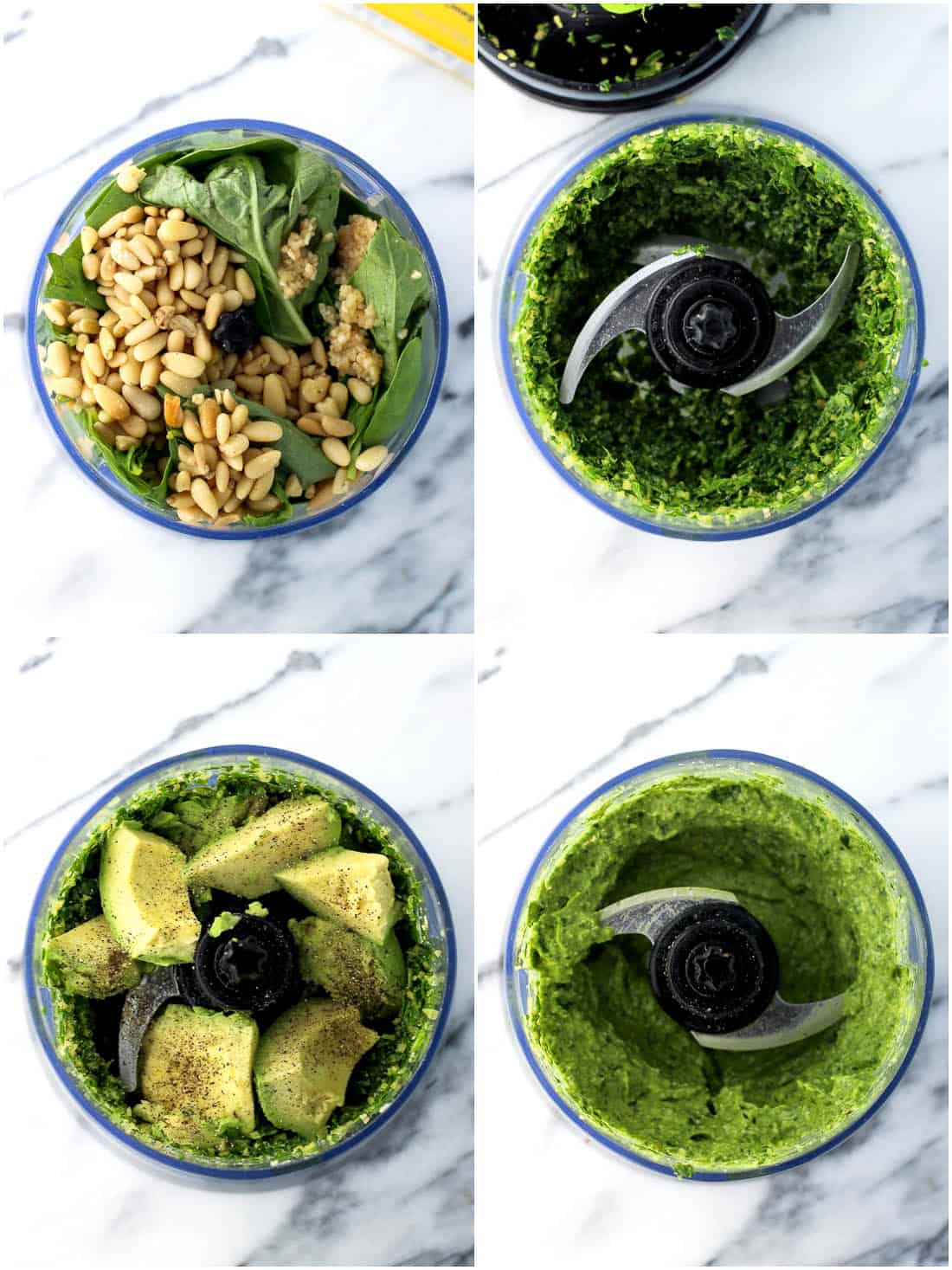 Four stages of making avocado pesto sauce in a food processor.
