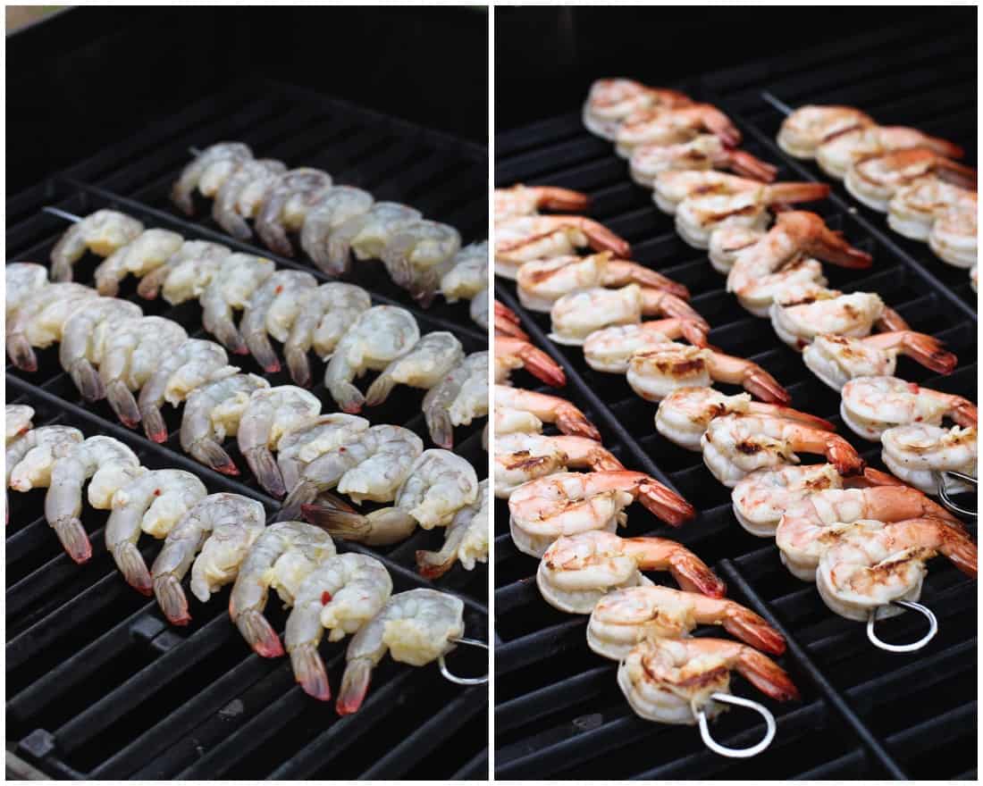 Skewers of shrimp (raw on left, cooked on right) on the grill.