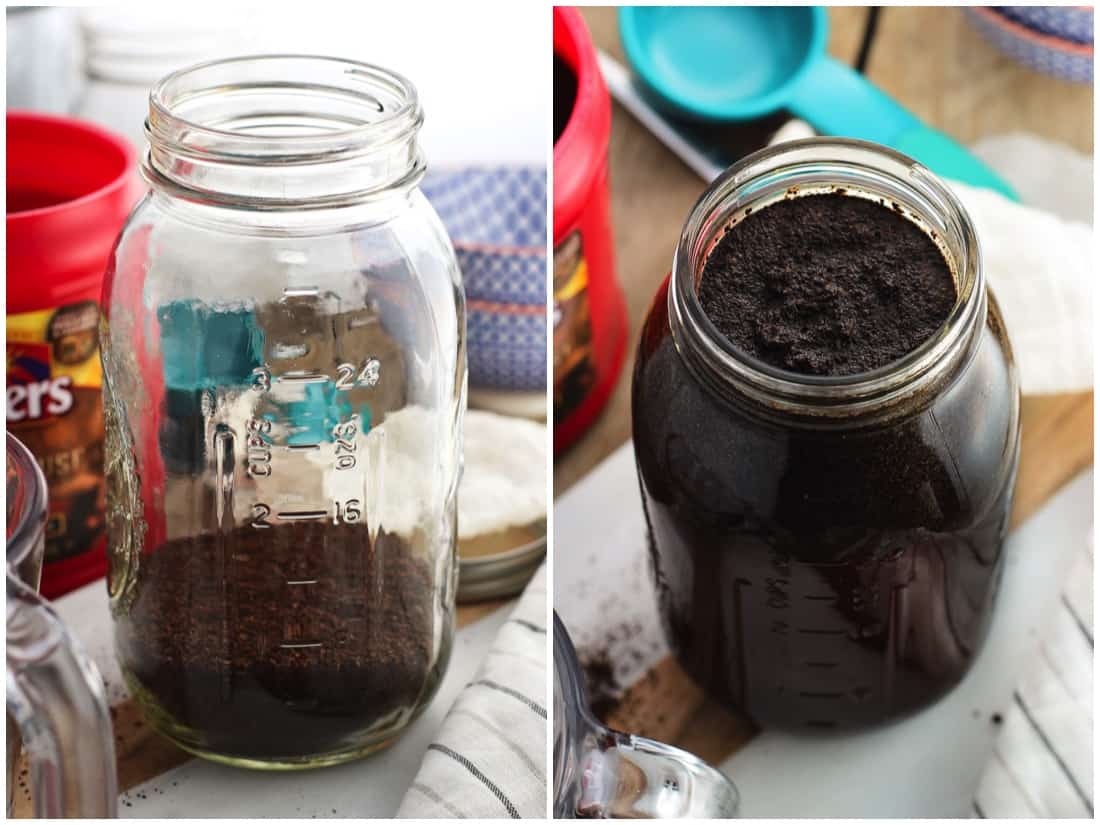 A side by side image collage of ground coffee in a large glass jar (left) and the jar with the water poured in to the top (right).