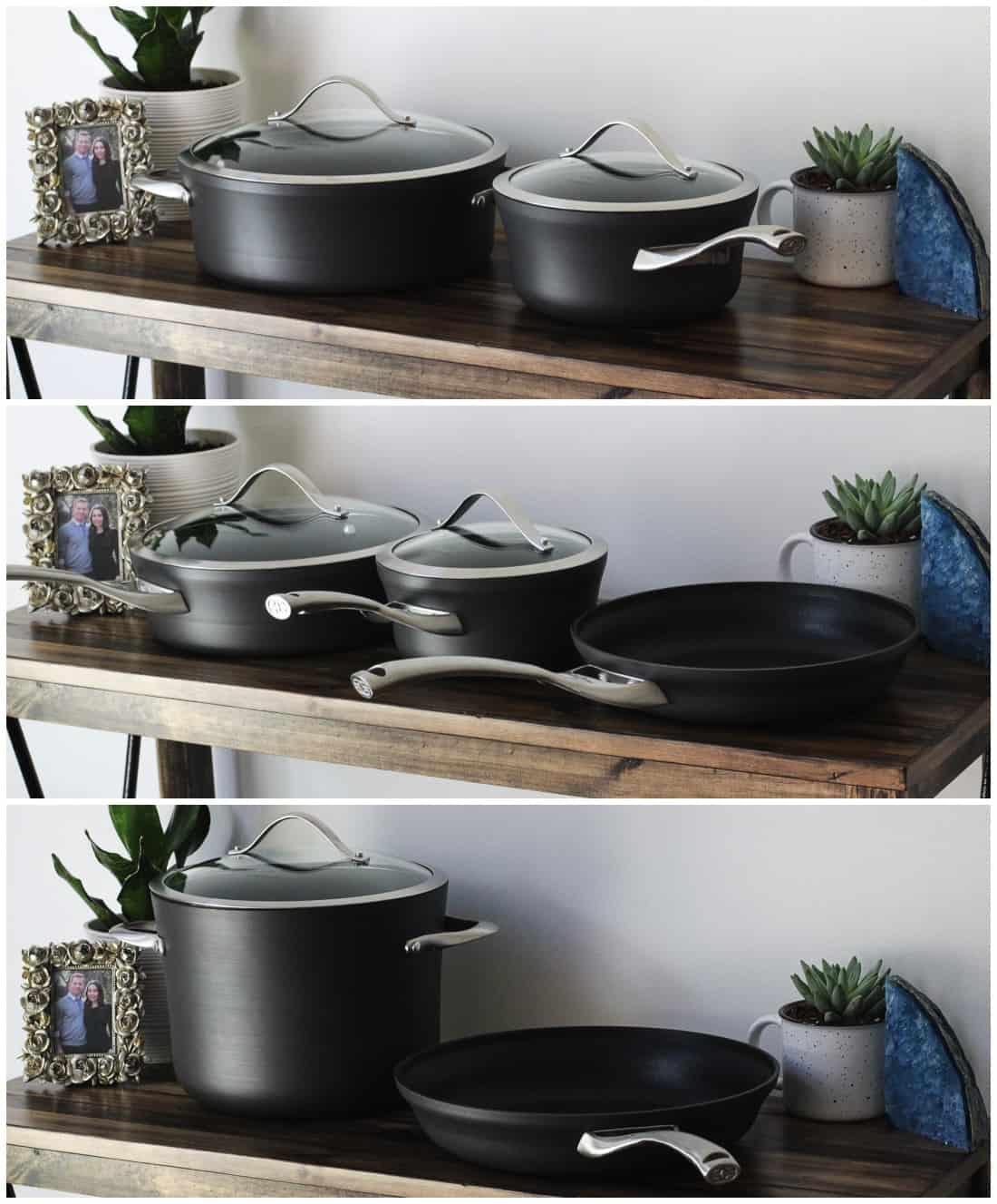 A three-image collage of various Calphalon pots and pans on a wooden desk