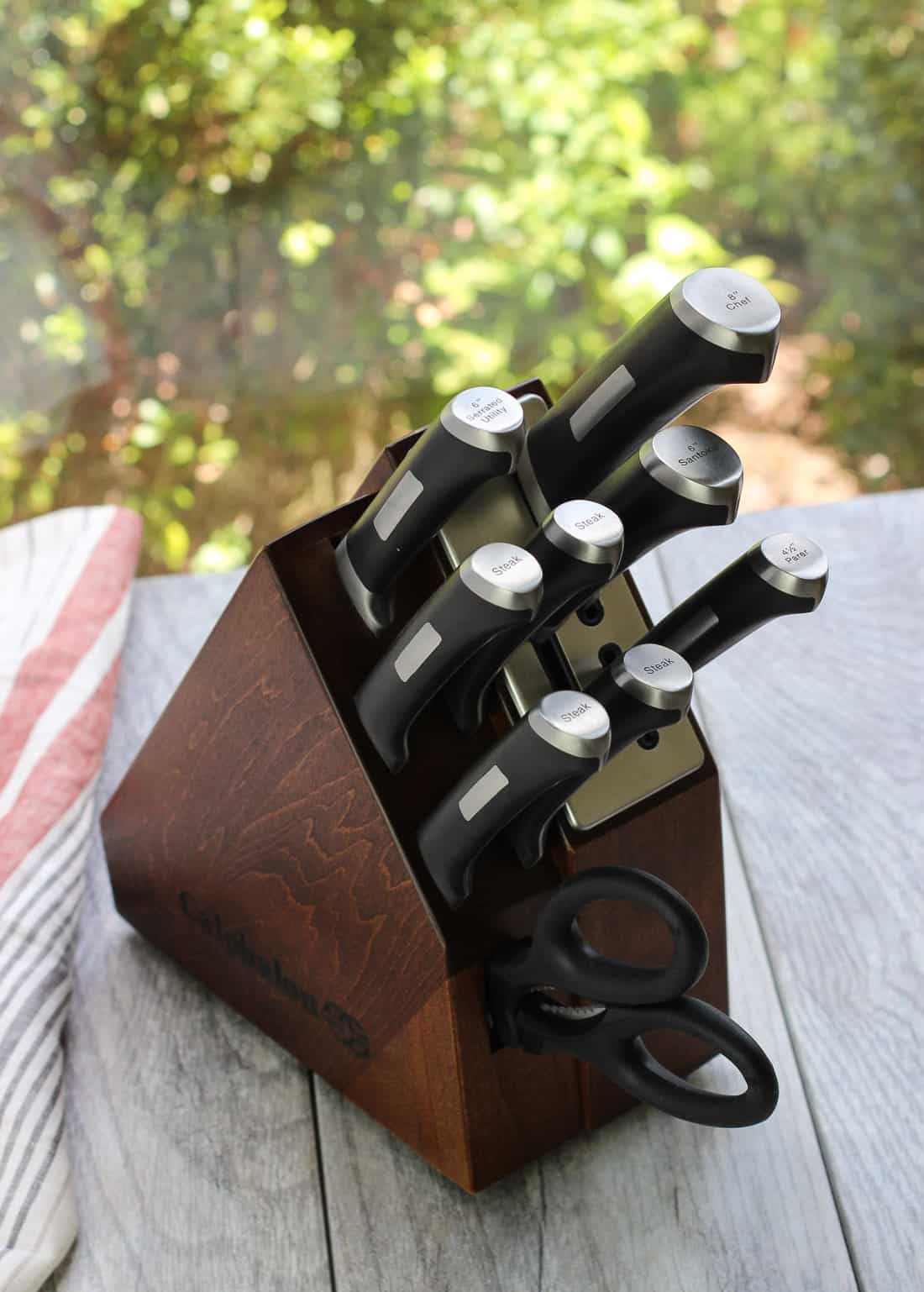 A wooden knife block set from Calphalon