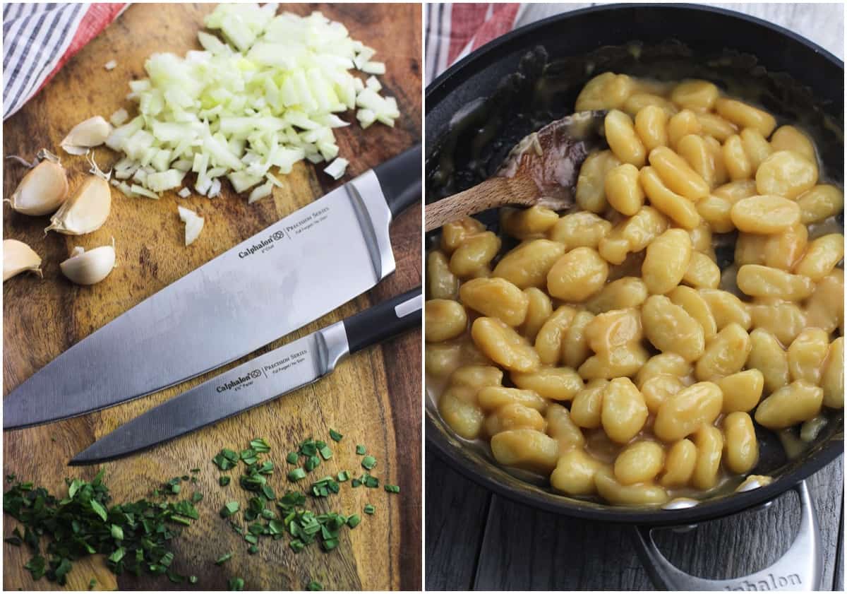 A side-by-side image showing two Calphalon knives on a wooden board with diced onion, herbs, and whole garlic cloves and a skillet of creamy gnocchi