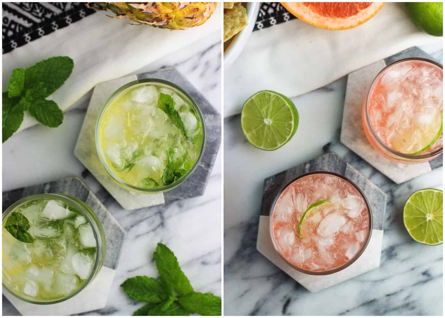 Pineapple mint vodka sodas on coasters (left) and grapefruit lime (right).