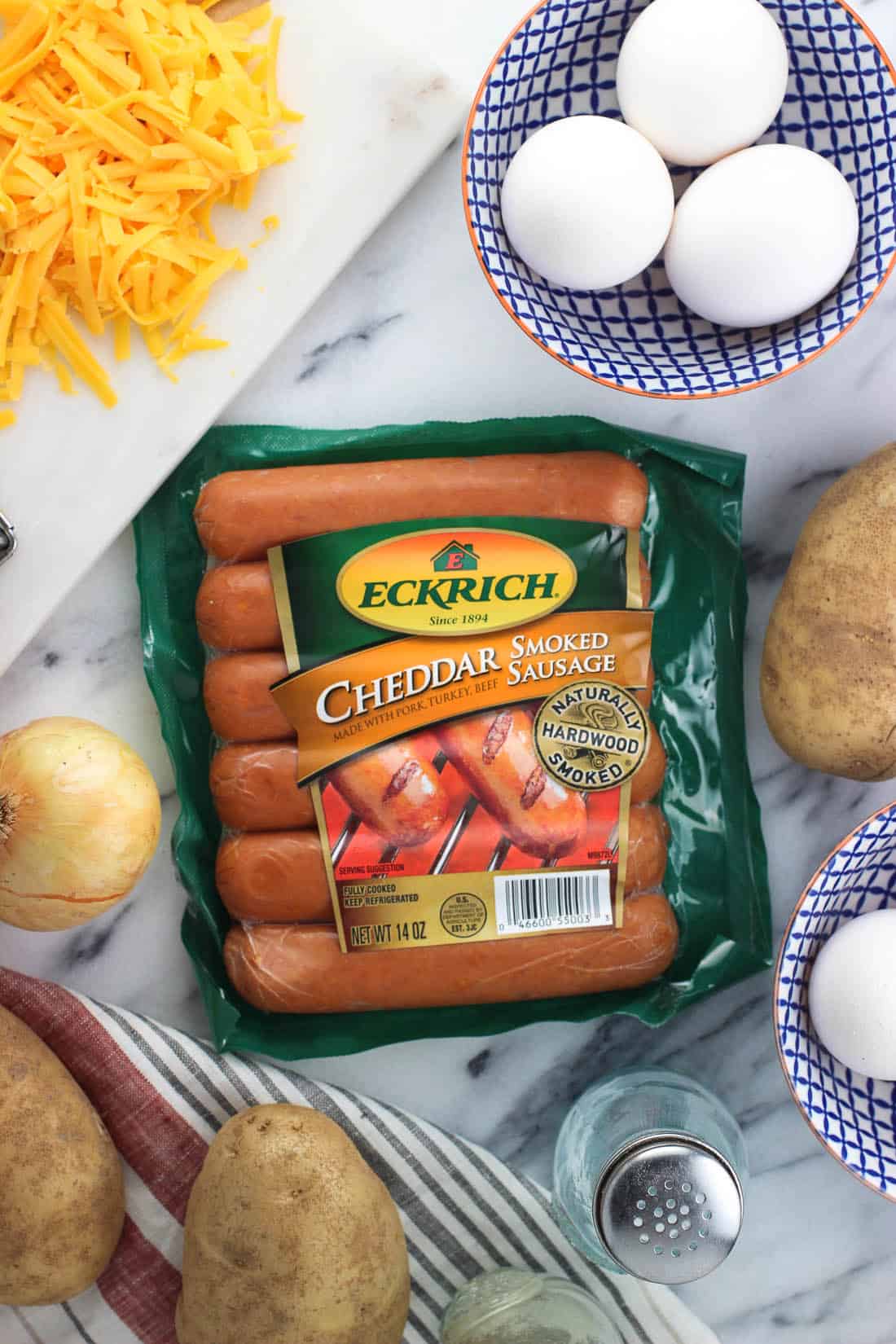 The recipe ingredients in separate containers on a marble board.