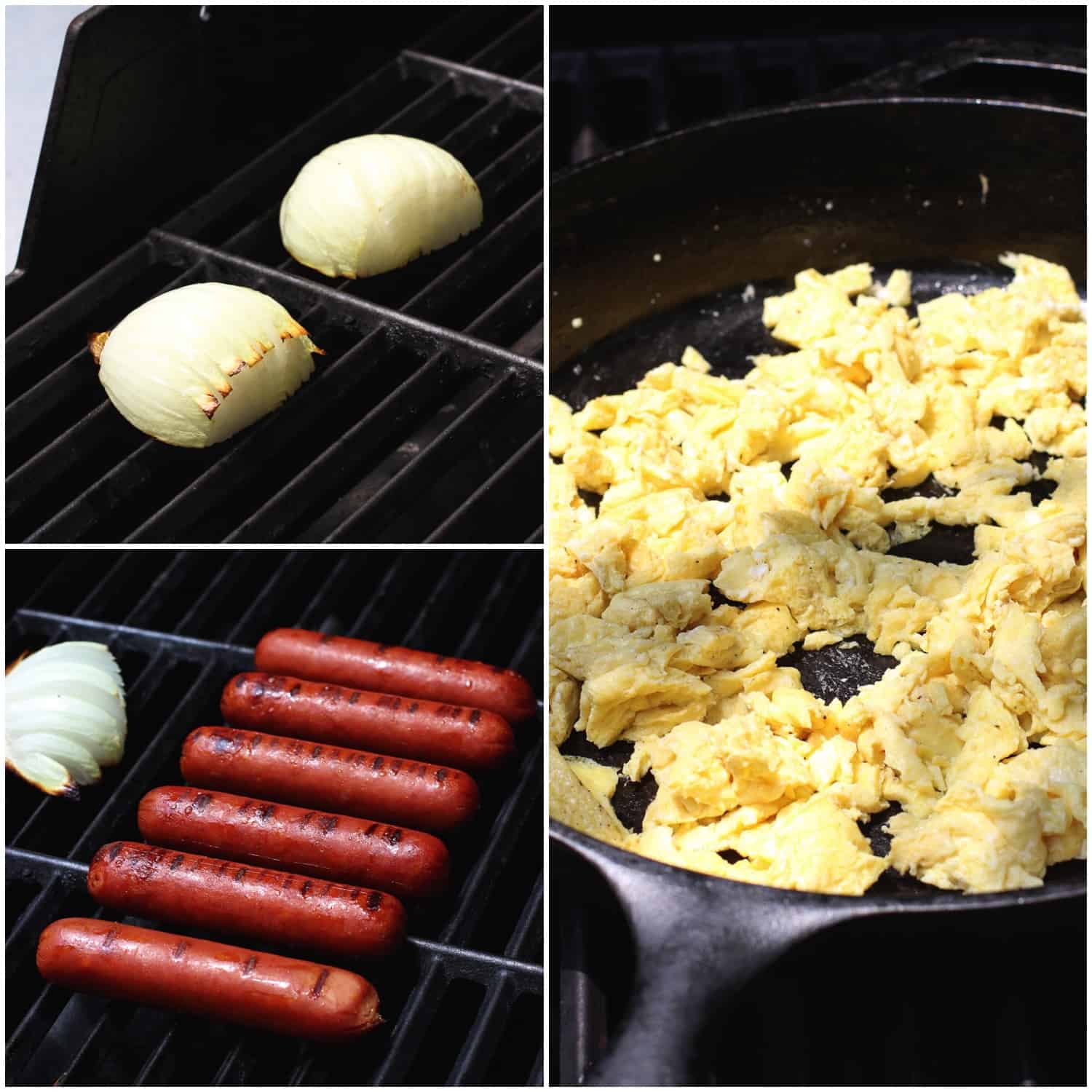 Onions, sausages, and a cast iron pan fill of scrambled eggs all on the grill.